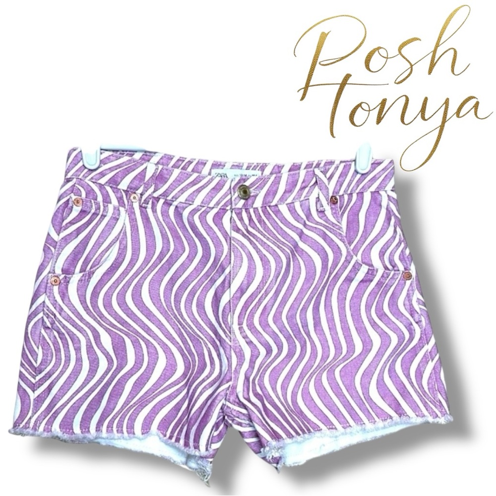 Zara High Rise Denim Shorts Purple Wave Size 4 Junior 13/14 Festival Coastal